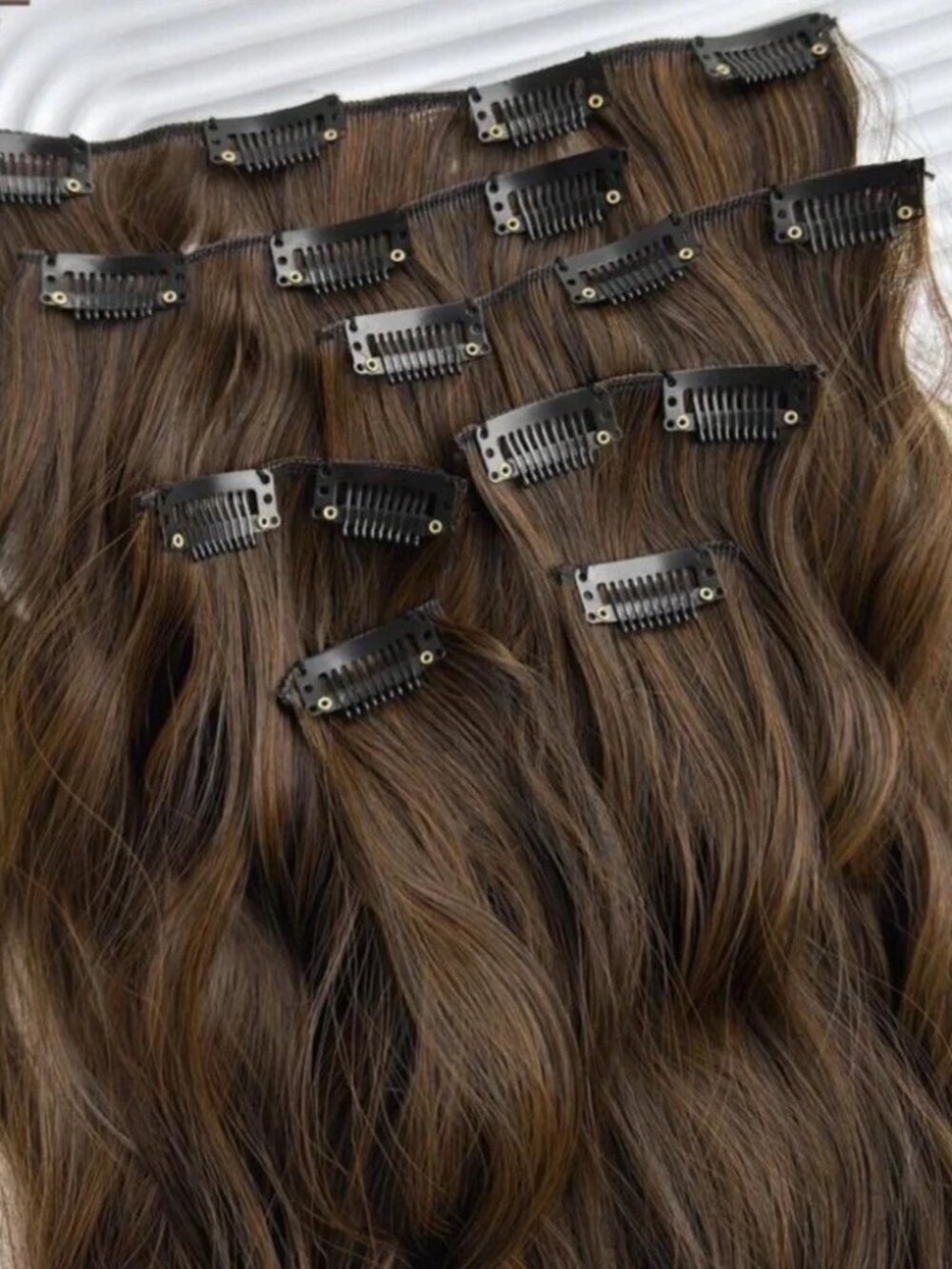 Brown & Copper Water wave  Clip in Hair Extensions - Human hair Blend Set - Picture 4 of 7